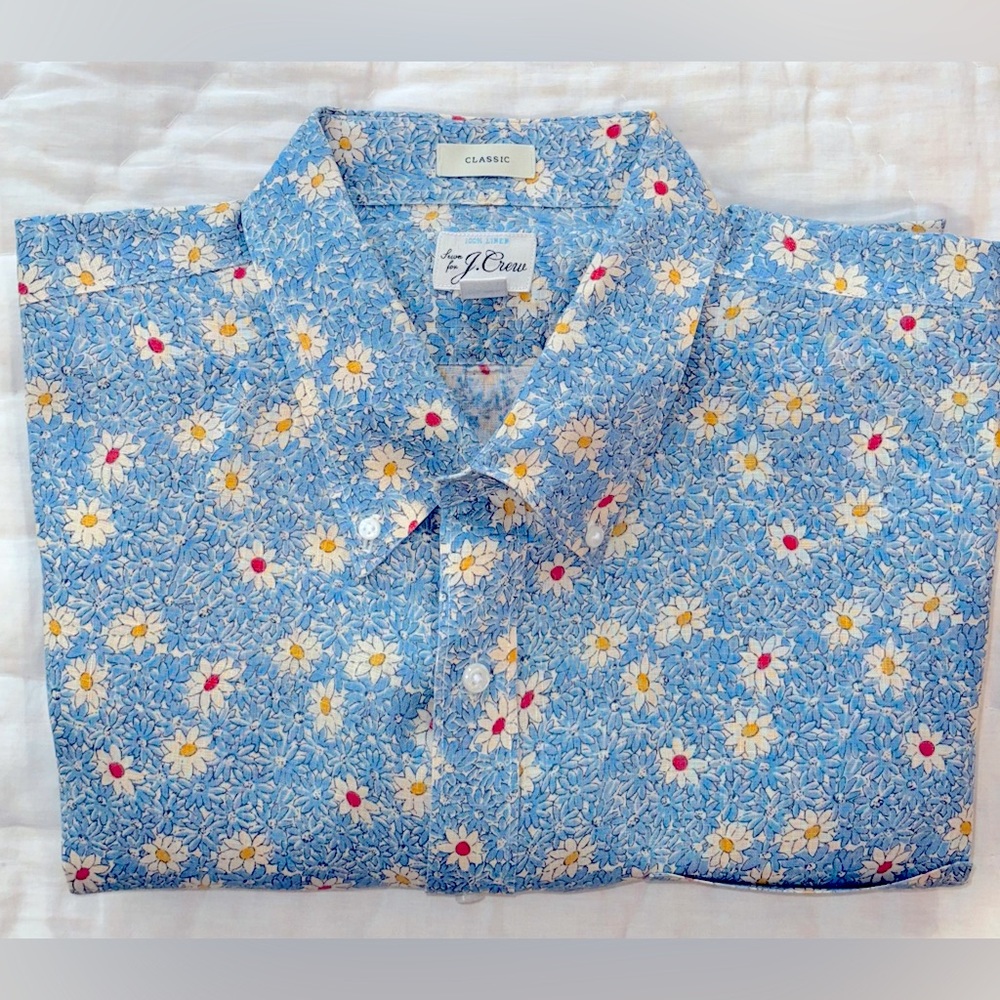 J.Crew Men’s XL Short-sleeve Linen Shirt, Susan Garden Blue Ivory Print